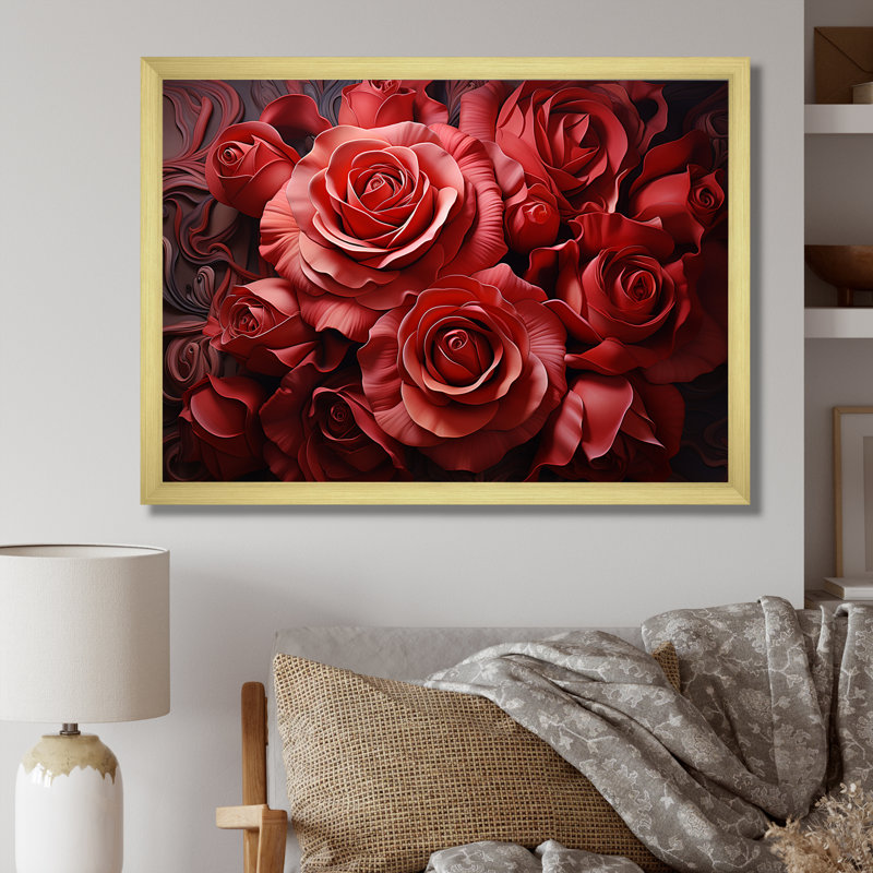 «Red Classic Rose Resson II - Roses», art mural, Cadre doré à coins fermés, H 16 po x l 32 po x P 1 po