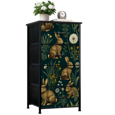 Dresser for Bedroom with 4 Storage Drawers Vintage Botanical Hares Wildflowers Earthy Tones Dressers Chest of Drawers Steel Framed Fabric Closet Organizers for Nursery Kids Dorm Entryway
