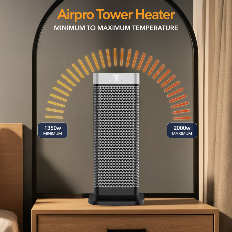Air Pro 2000W 1 BTU Electric Compact Space Heater with Adjustable Thermostat and with Digital Display, Black / Grey