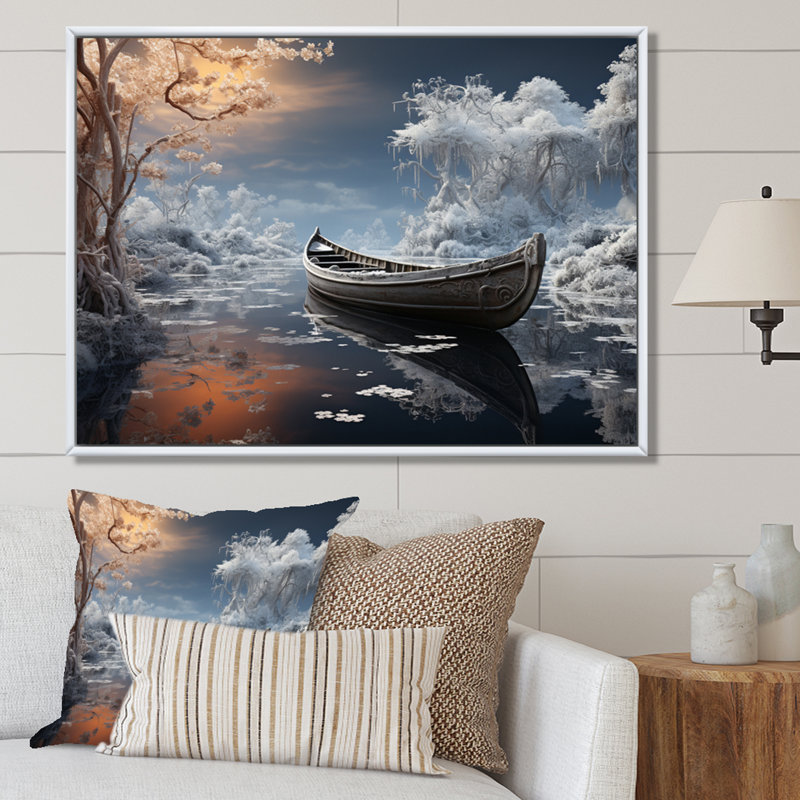 «Winter at the Lake», reproduction sur toile, H 16 po x l 32 po x P 1 po, Cadre flottant blanc