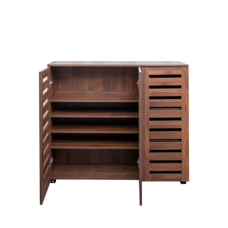 Armoire à chaussures à 5 niveaux en noyer avec tablettes réglables - Range-chaussures en bois avec portes à persiennes pour entrée, couloir, chambre à coucher