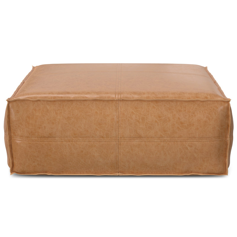 Brody 36"W Vegan Leather Extra Large Square Coffee Table Pouf, Distressed Brown Faux Leather