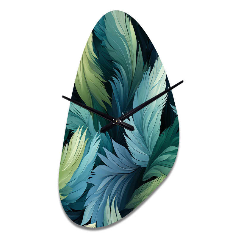 Plumes de perroquet bleu et bleu sarcelle - horloge murale asymétrique abstraite en métal, impression d'horloge murale moderne de forme irrégulière