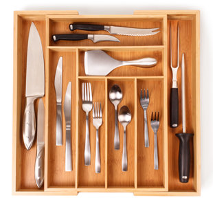 KitchenEdge Premium Silverware, Flatware and Utensil Organizer for Kitchen Drawers, Expandable to 33 Inches Wide, 11 Compartments, 100% Bamboo