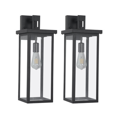 Set Of 2 Modern Outdoor Wall Lantern Sconces, 20" Black Metal Exterior Lighting Fixtures With Clear Glass Panels For Porch, Patio, Garage |  Gift Idea
