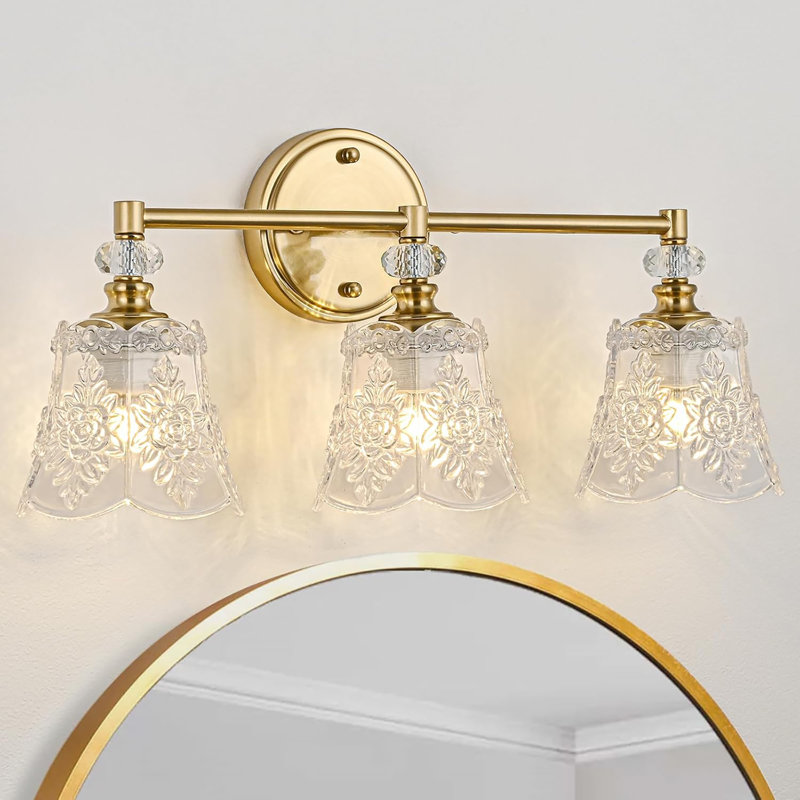 Luminaire de meuble-lavabo rétro, 3 lumières avec abat-jour en cristal rose, rétro, Clair, Doré
