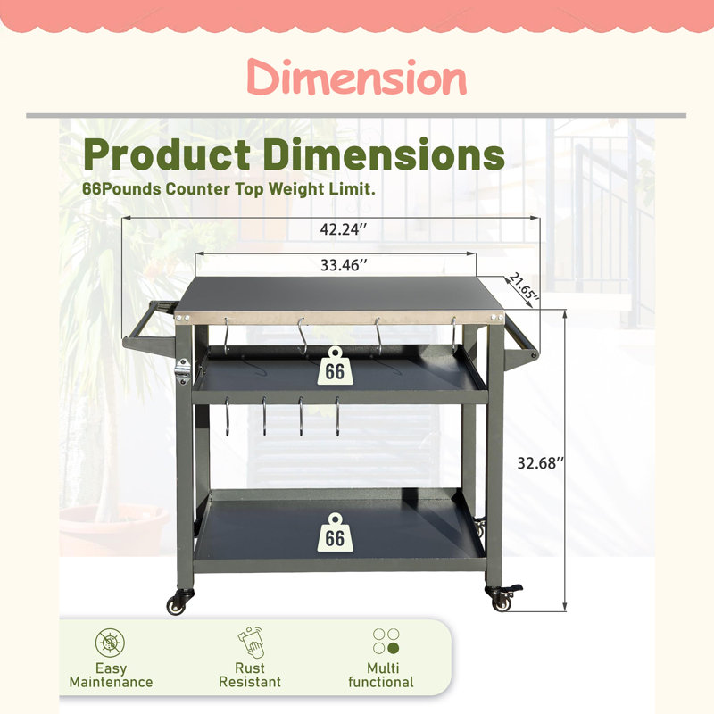Table de barbecue à 3 tablettes pour l'extérieur, chariot de barbecue avec roulettes, four à pizza et table de préparation des aliments, table Blackstone avec plateau en acier inoxydable