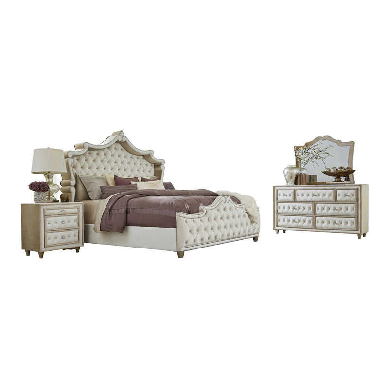 Ensemble de chambre à coucher Domenick, Beige, Très grand californien, 4 pièces: lit, commode, miroir, table de chevet