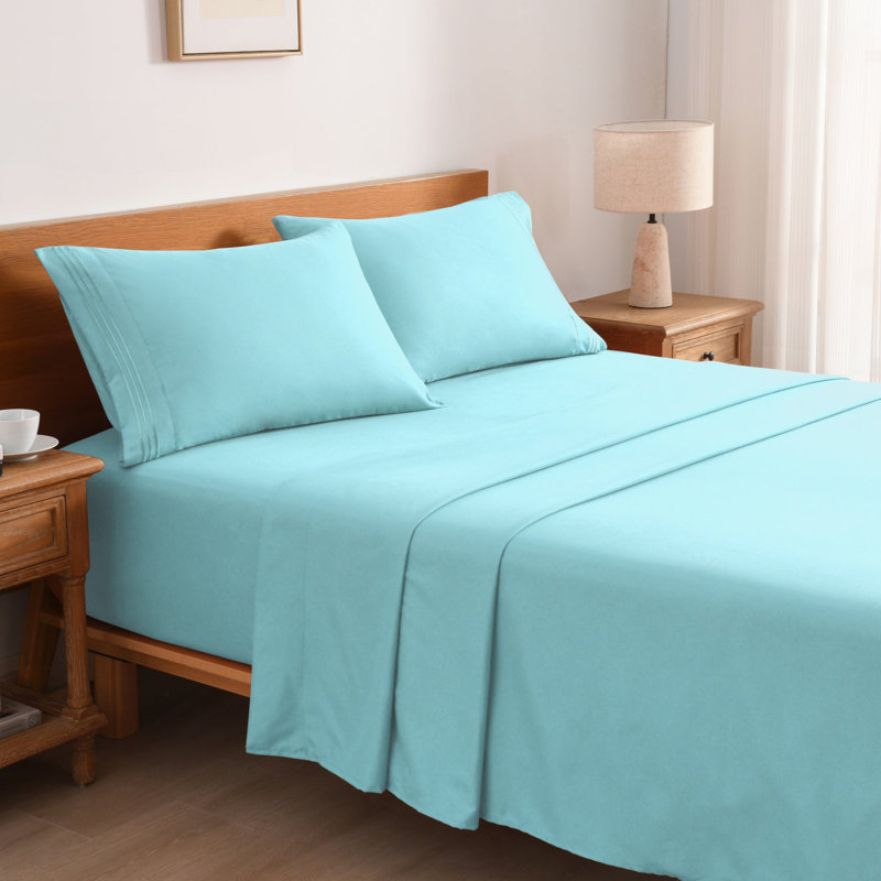 3/4 Pcs Soft Solid & Embroidery Bed Sheets Set, Full, Aqua Blue