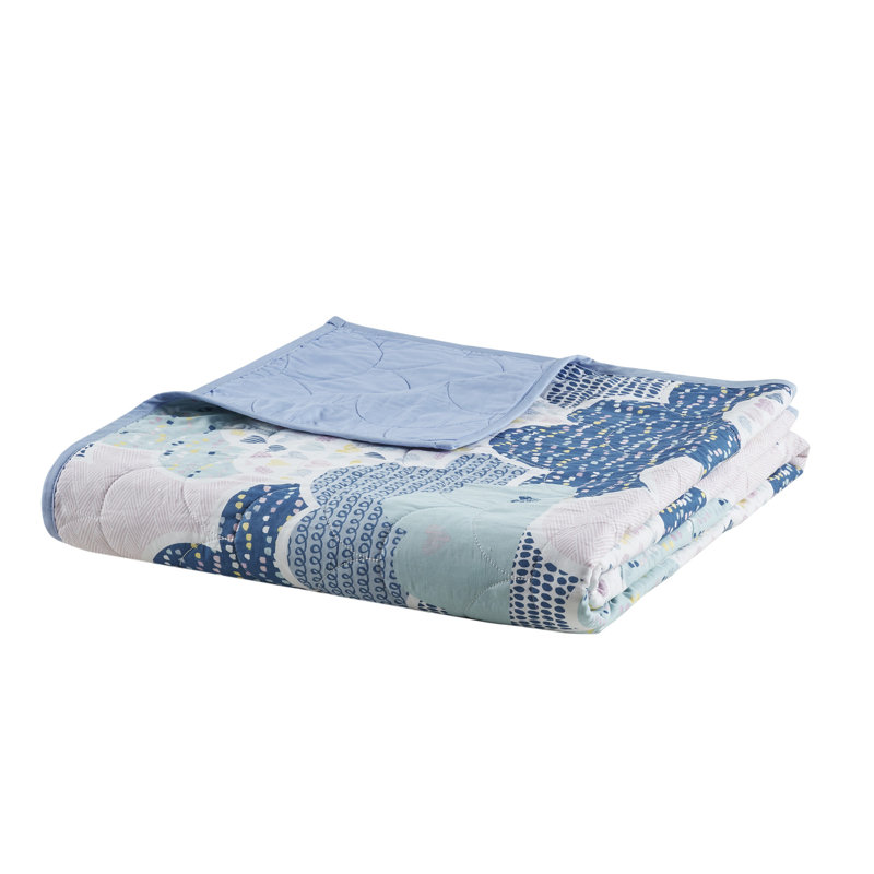 Blue Twin Cotton Reversible Fantasy Coverlet Set with Throw Pillows