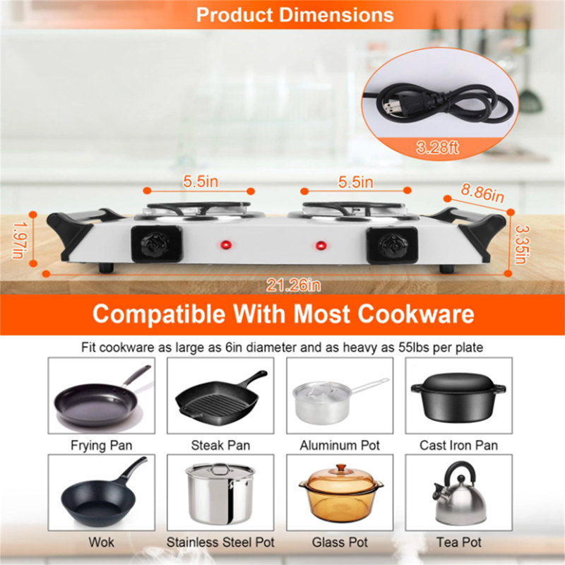 TONWIN 2000 Watt Electric Double Burner, Silver