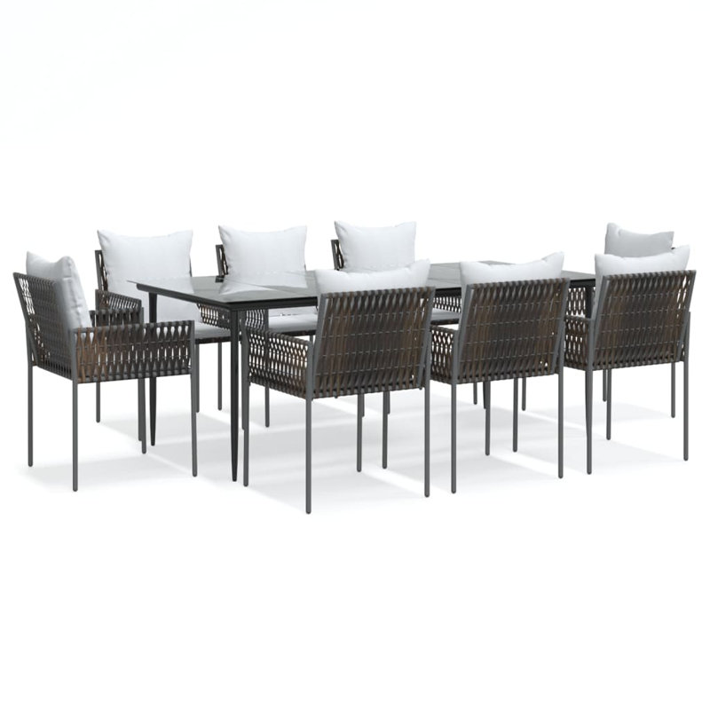 Ensemble repas 9 pièces avec coussins en rotin et acier Corrigan Studio®, Blanc, Brun