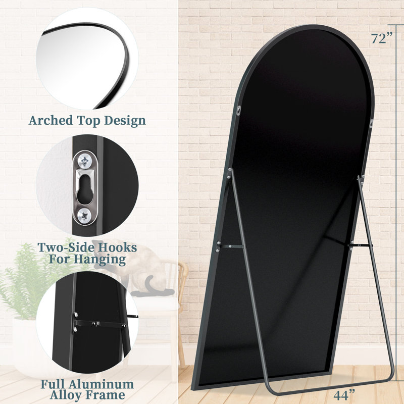 Arched Black Floor Mirror With Stand, 38x77 Inch Freestanding Full Body Mirror For Bedroom, Black, 72" x 44"
