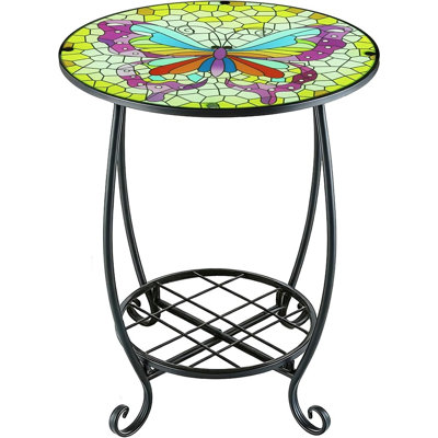 2-Inch Small Outdoor Side Table With Colorful Butterfly Design, Glass Mosaic Round Patio Accent Table For Indoor Use, Plant Stand Coffee Table For Living Room, Balcony, And Garden (Butterfly Style)