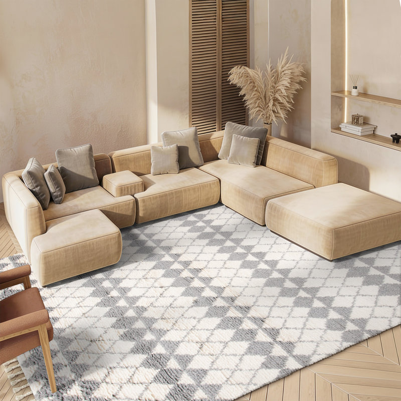 Tapis géométrique gris / ivoire en laine et en coton tissé à la main Gaetano, Rectangle 8 pi x 10 pi