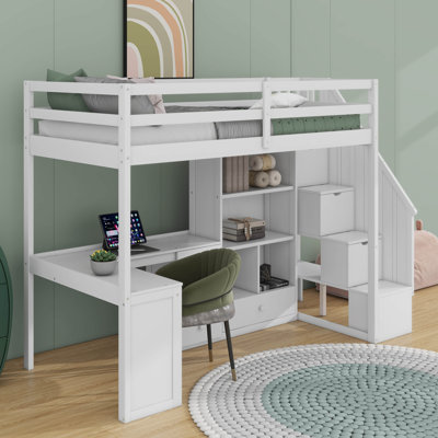 Twin Size Loft Bed With L-Shaped Desk And Drawers