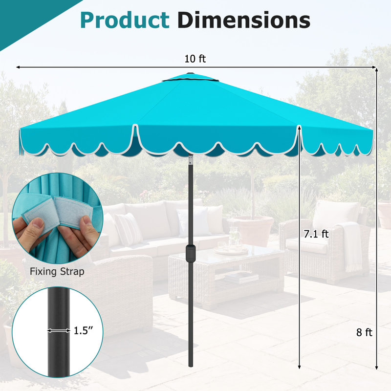 Parasol de patio 10 pi avec réglage de l'inclinaison de la manivelle et volants avec dessus ventilé et 8 nervures, Bleu