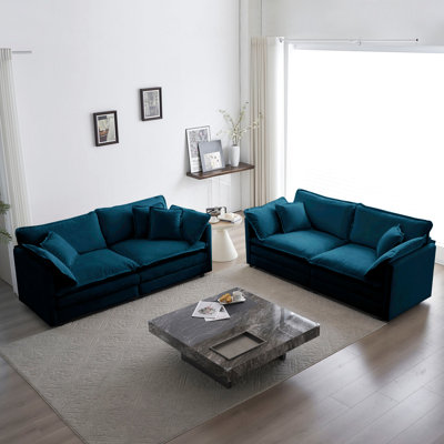 Salon 2 avec revêtement en chenille bleue. Bois massif, éponge confortable, tissu respirant pour une ambiance relaxante et canapé, 2, structure en bois, tissu haut, revêtement, siège