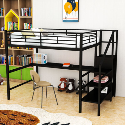 Lit mezzanine double avec bureau, escalier, lumière DEL, garde-robe et garde-corps