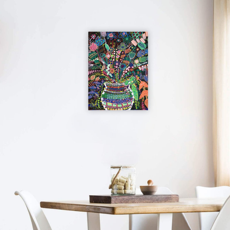 Vase floral vert sur toile noire, décoration murale 24 x 18 po