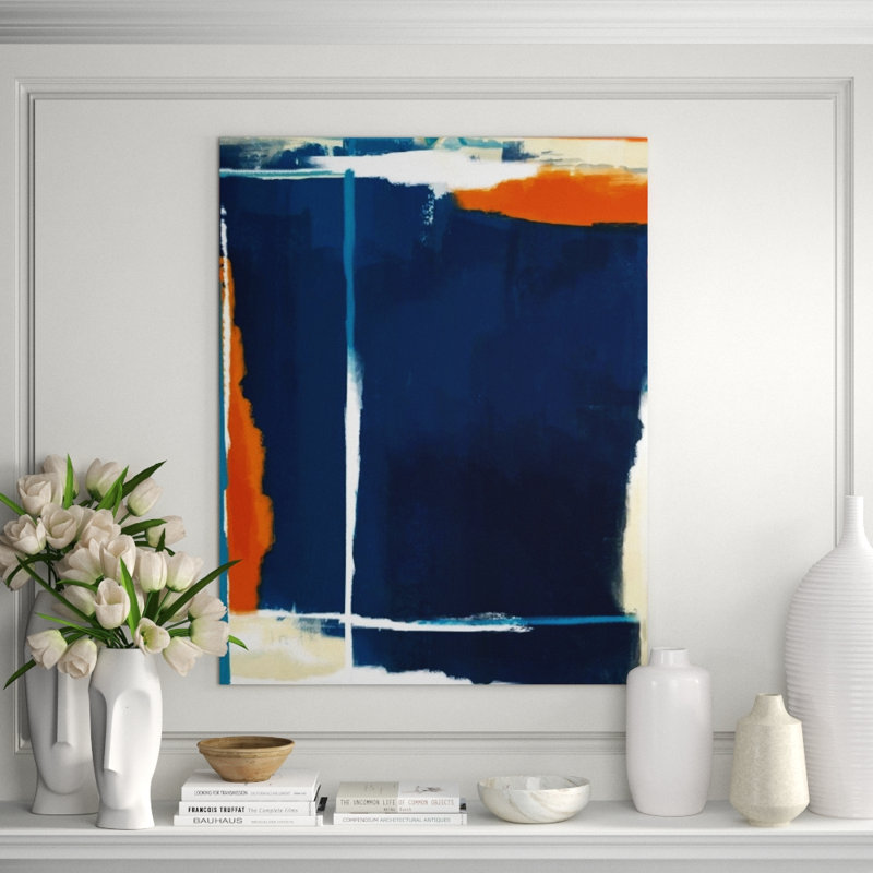 Composition Of Blue And Orange II Painting by Sofia Fox, 46" H x 36" W x 1.5" D, Glass Coat