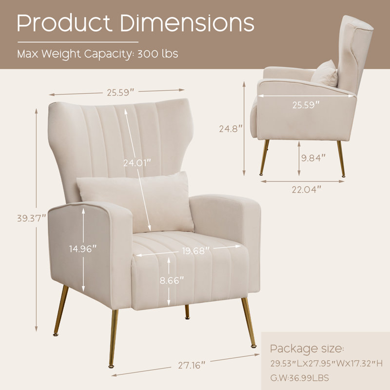 Upholstered Accent Chair With Pillow For Living Room(set of 2), Beige Velvet