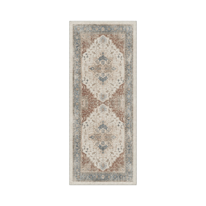 Medallion Traditional Floral Machine Washable Orange / Blue / Beige Indoor Area Rug with Non-Slip Backing, Runner 2'6" x 8'