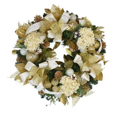 Jiair Holiday Wreath with Hydrangeas, Glitter Leaves, Ornaments and Bows