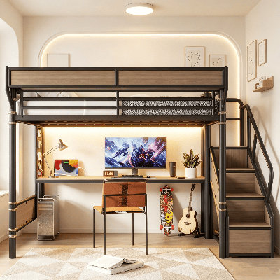 Structure de lit superposé en métal industriel, lit superposé avec échelles et garde-corps, lit superposé en métal robuste, lit superposé en métal noir, lit superposé industriel moderne pour enfants, chambre d'adolescent