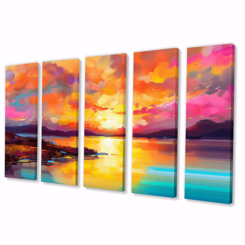 Coucher de soleil avec des reflets colorés II - reproduction d'art sur toile Coastal Sunset - 5 panneaux égaux