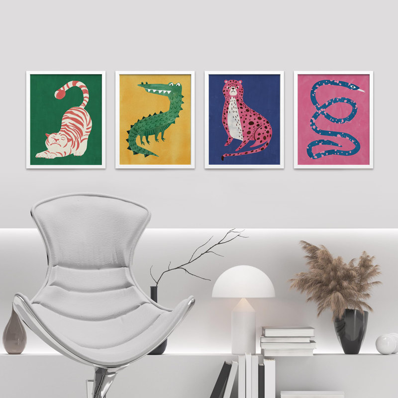 Chat rouge, crocodile vert, léopard rose, serpent bleu, impression sur papier, 4 pièces, H 10 po x l 8 po, Blanc