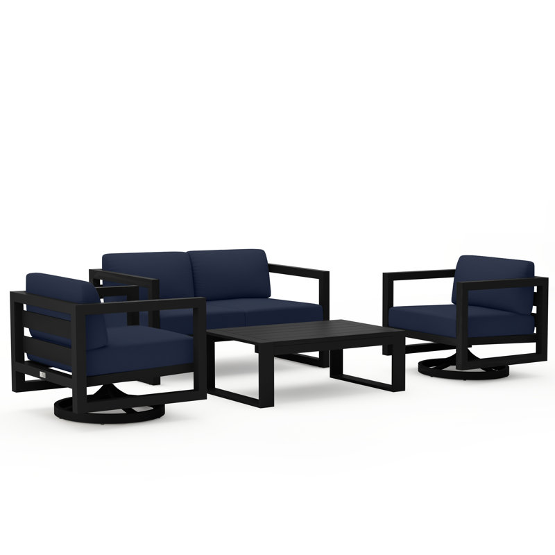 Avion 4 Piece Loveseat Set With Swivel, Spectrum Indigo Sunbrella®, Black