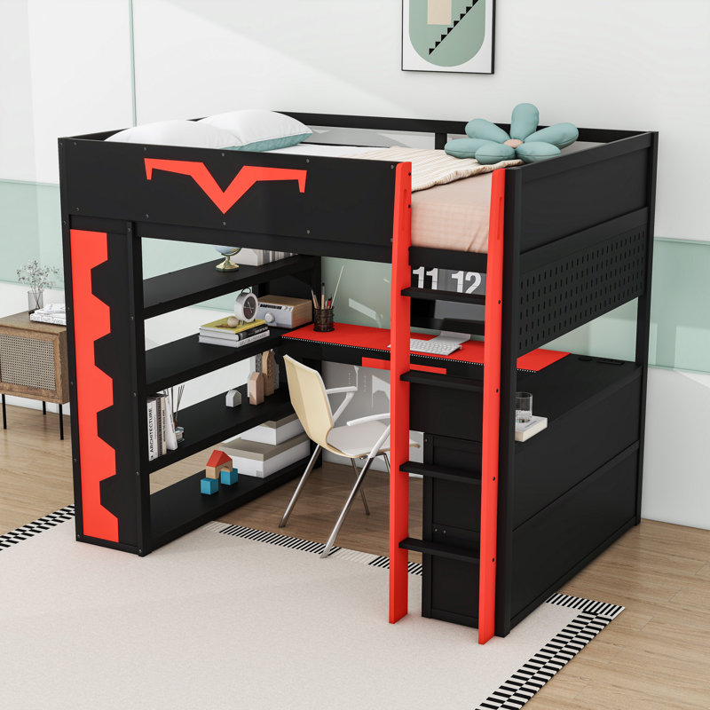 Lit mezzanine double en bois avec éclairage RVB et bureau, Rouge