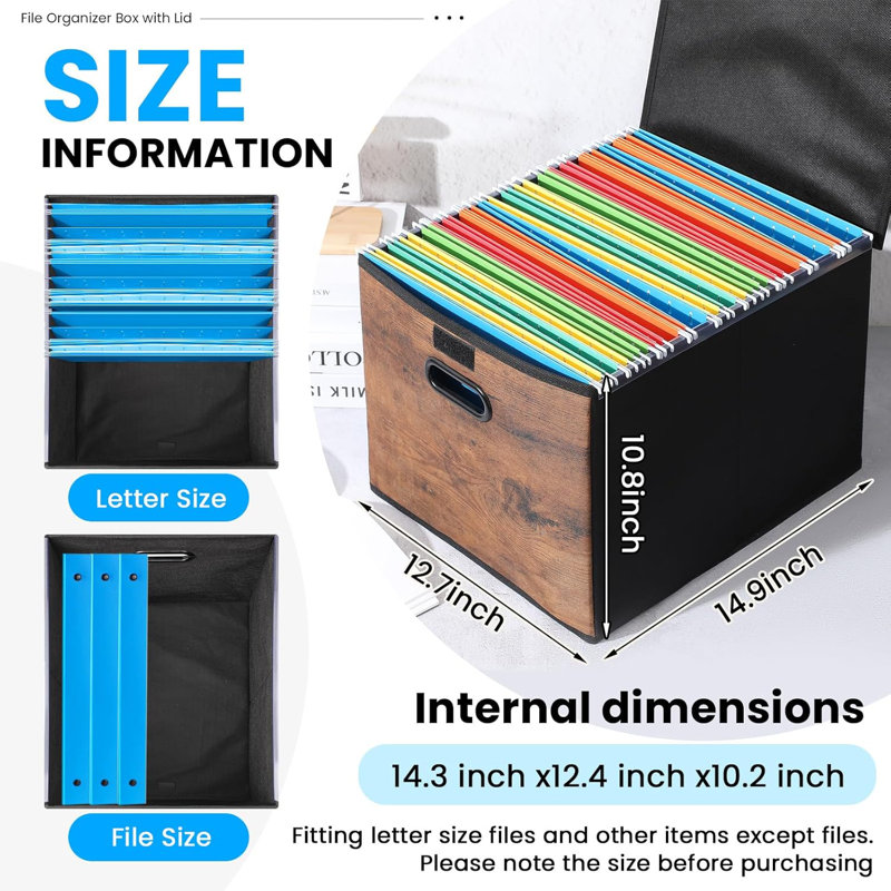 Decorative File Organizer Box With Wood Grain Pattern, Portable File Folder Box With Lid, Easy Slide, Durable Hanging, Collapsible, Polyester, For Letter Legal Storage, Office, Home, Wooden Decor