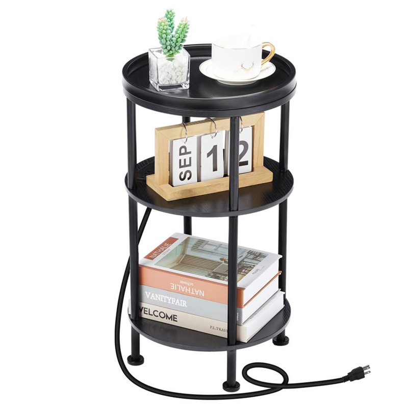Round Accent Table - 3-Tier Charging Side Table with Power Outlets for Small Spaces, Black