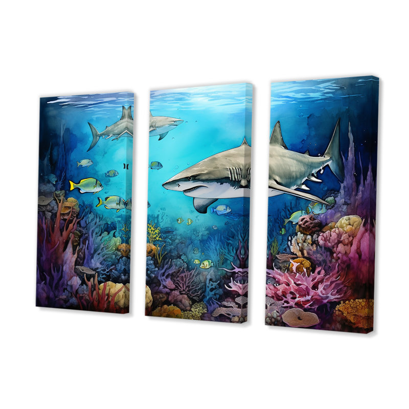 Shark Haven Under Water Painting I - Shark Wall Decor Set, 32" H x 48" W