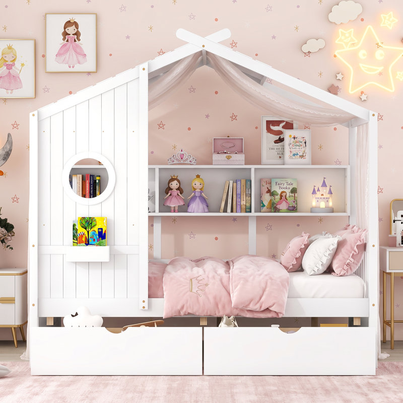 Lit plateforme double en bois massif pour enfants certifié PCC avec 2 tiroirs de rangement et tablette intégrée, Full