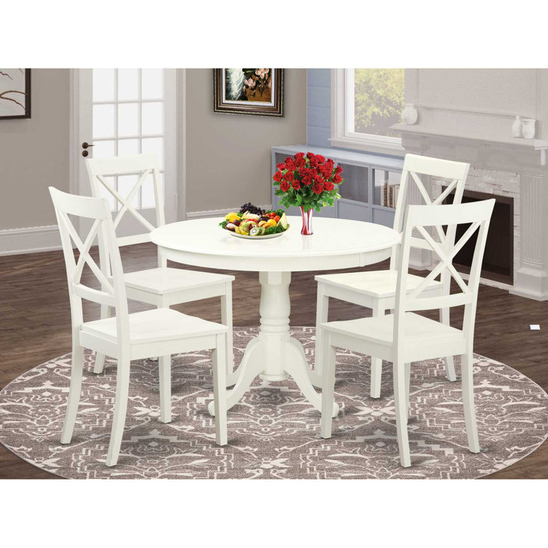 Solid Wood Top Dining table with Chairs with Lattice Back, Linen White, 5 Pieces: 1 Table, 4 Chairs