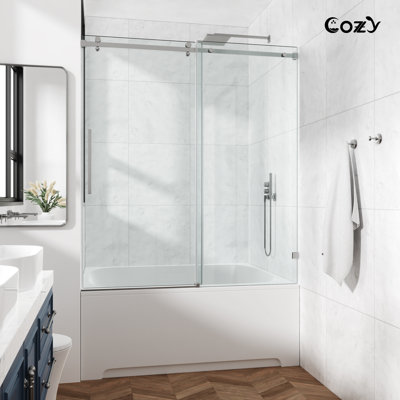 50-55" W X 60" H Frameless Single Sliding Shower Tub Door with 3/8" (10mm) Clear Tempered Glass, Shatter-Resistant Film & Installation Hole Locator - Square Top Rail
