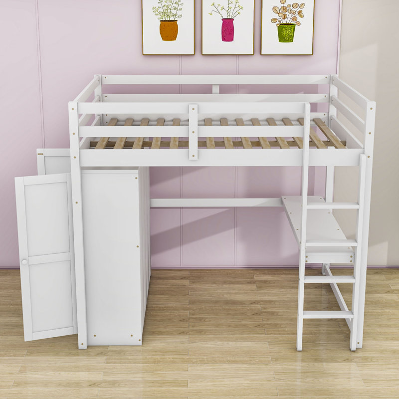 Lit mezzanine en bois 3 tiroirs Jeilynn avec garde-robe et bureau intégrés, Blanc