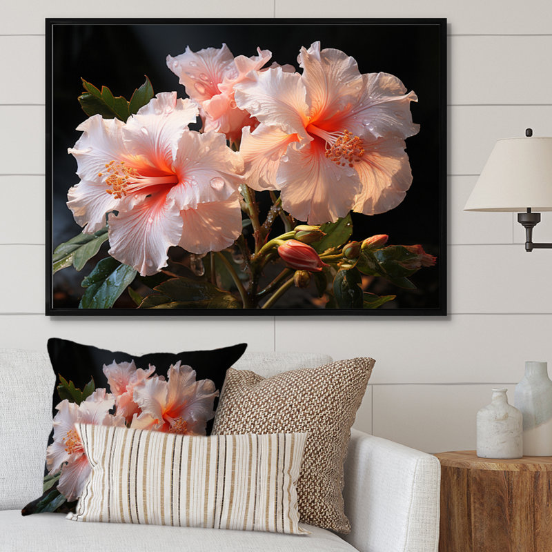 Hibiscus Romantic Impression I - Floral Canvas Wall Art, H 12 po x l 20 po x P 1 po, Cadre flottant noir