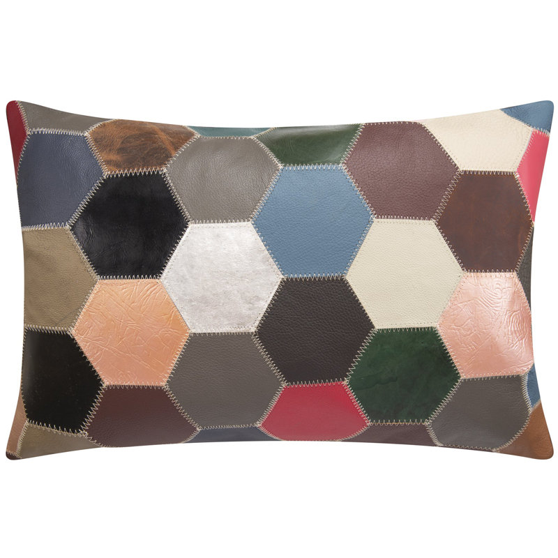Coussin en cuir de vache multicolore à motif patchwork - Design hexagonal