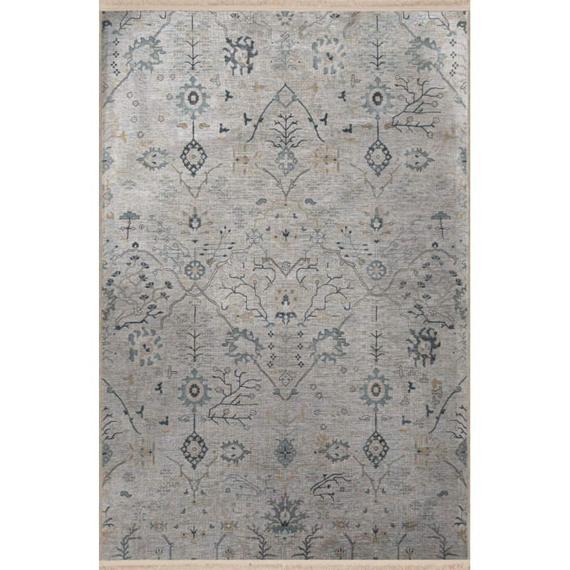 Tapis décoratif rétro à motif floral gris et beige, Rectangle 5 pi 1,02 po x 7 pi 6,55 po
