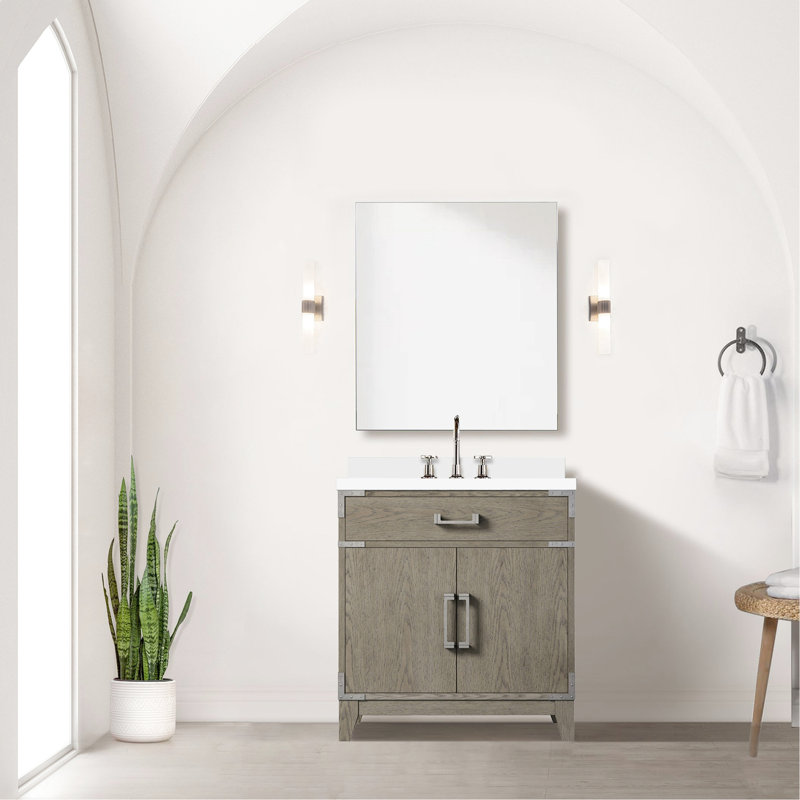 30 po L x P 22 po. Meuble-lavabo en chêne gris avec comptoir en quartz blanc et miroir à 28 tiroirs à fermeture en douceur pour la salle de bain