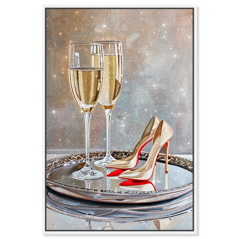 Illustration de mode sur toile avec talons et boissons classiques par , H 46 po x l 31 po, Cadre flottant blanc