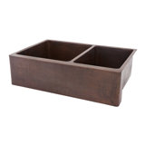 33" Hammered Copper Kitchen Apron 60/40 Double Basin Sink with Matching Drains, and Accessories