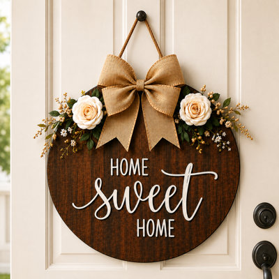 Panneau de porte rond en bois Home Sweet Home, cintre de porte de ferme 11,8 "avec nœud en toile de jute et roses crème, décoration murale rustique pour entrée, porche, cadeau de pendaison de crémaillère