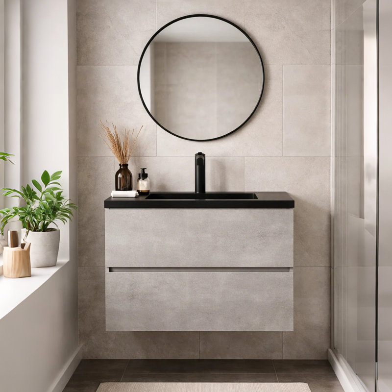 Meuble-lavabo flottant gris ciment 30 po avec plateau en résine et sable quartz