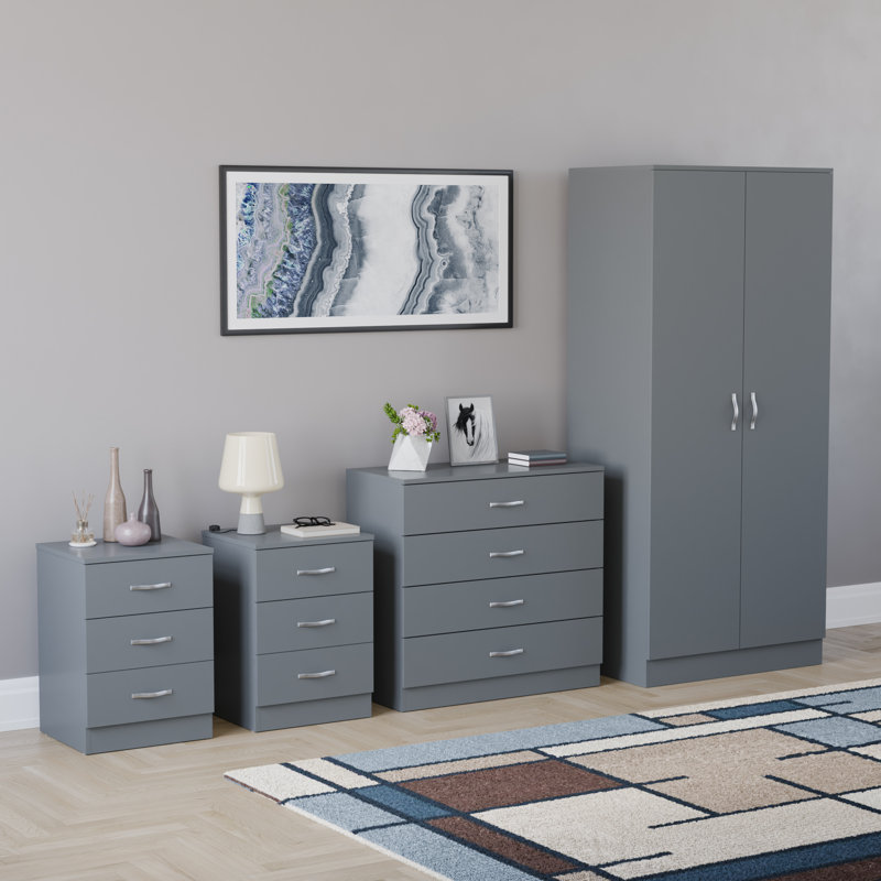 Tayce 4 Piece Bedroom Set (3 Drawer Bedside Cabinet X2, 4 Drawer Chest, 2 Door Wardrobe), Grey