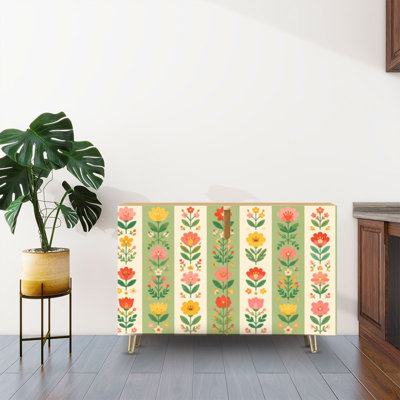 Buffet Buffet avec rangement Art floral populaire scandinave sans couture rouge jaune et rose avec 2 portes pour le salon et la cuisine